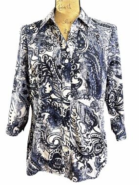 Chico's Navy and White Paisley Button-Down Shirt. EC. Size 1